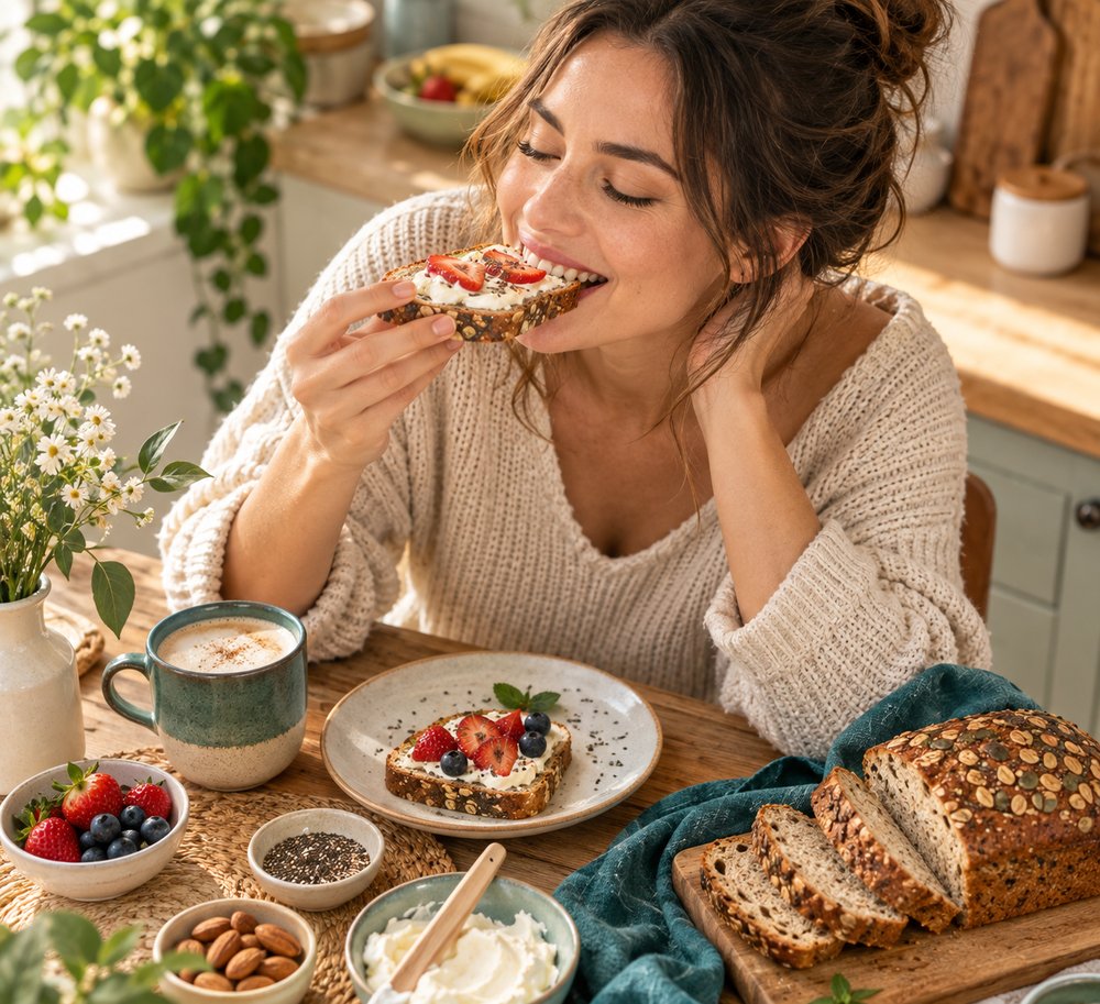 Woman enjoying gluten-free bread with fresh berries